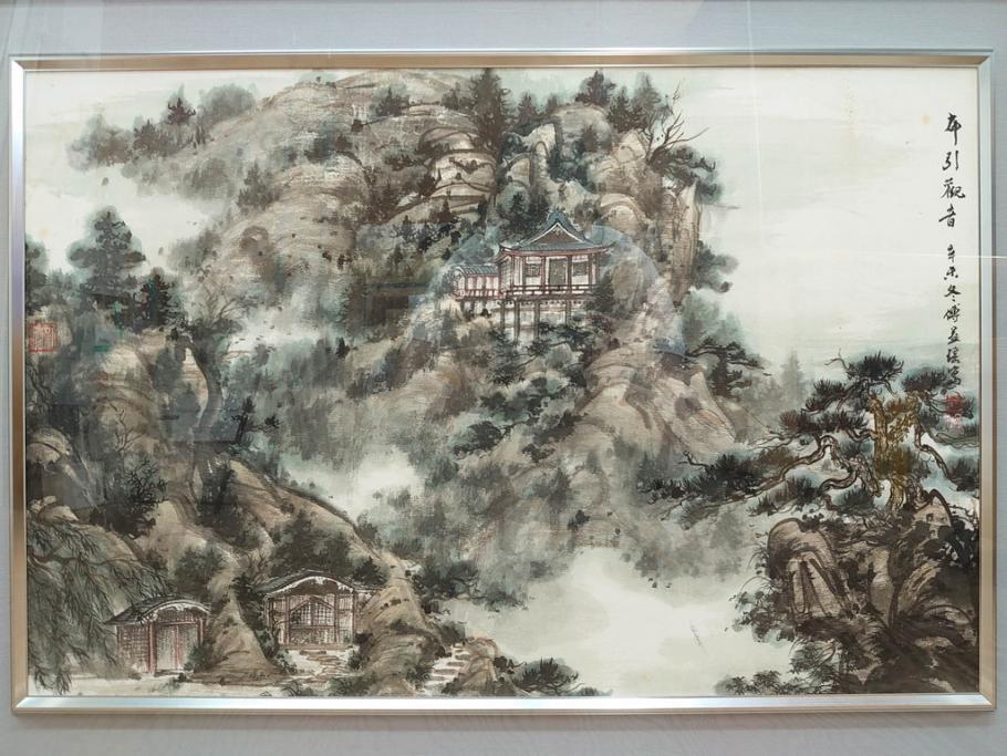 真作　中国　傅益瑶　15号　水墨画(墨絵、布引観音、風景画、女流画家、額装)(R-078410)