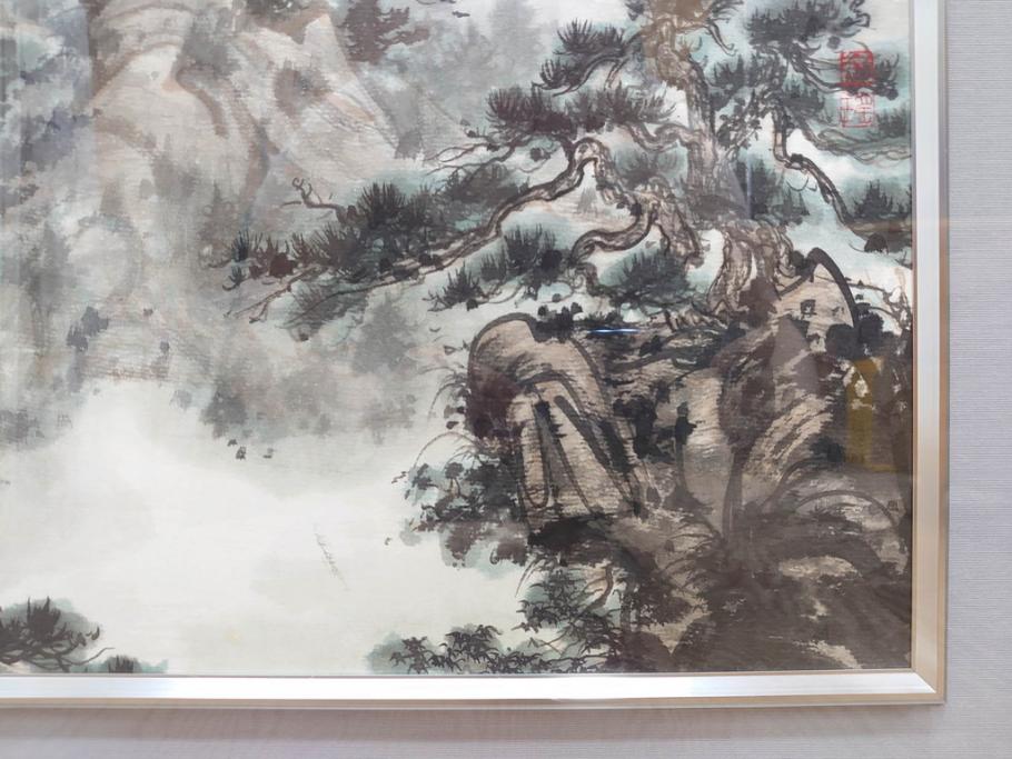 真作　中国　傅益瑶　15号　水墨画(墨絵、布引観音、風景画、女流画家、額装)(R-078410)
