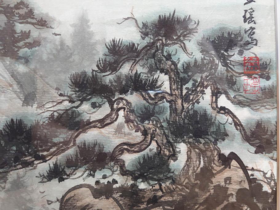 真作　中国　傅益瑶　15号　水墨画(墨絵、布引観音、風景画、女流画家、額装)(R-078410)