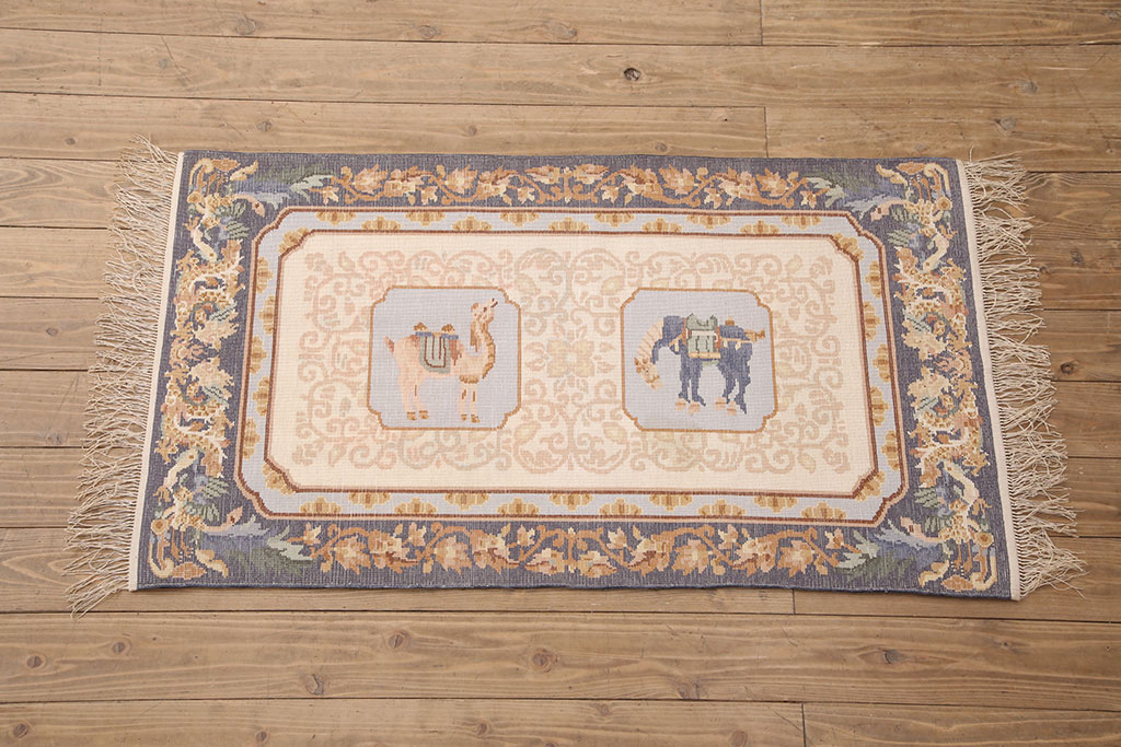 玄関マット シルク 中国段通 約61×89.5cm 120段 カラフル ブルー系 dt