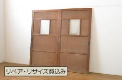 アンティーク建具　ゆらゆらクリア・すりガラス　昭和レトロな雰囲気漂うガラス戸2枚(引き戸、格子戸)(R-062808)