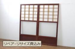 アンティーク建具　腰板欅(ケヤキ)材　どこか懐かしい雰囲気の裏障子付き幅狭格子戸4枚セット(引き戸、障子戸、ガラス帯戸)(R-068282)