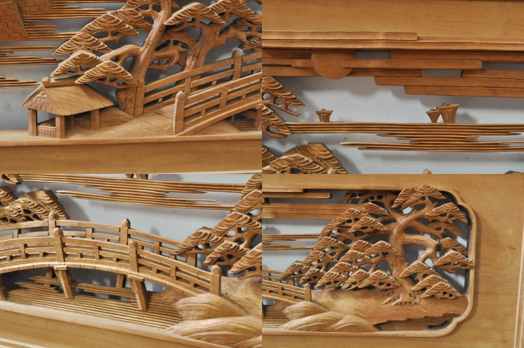 アンティーク建具　井波彫刻　壽山作　松の木と風情ある風景の図柄が美しい両面彫刻欄間2枚セット(明かり取り、明り取り)(R-076355)