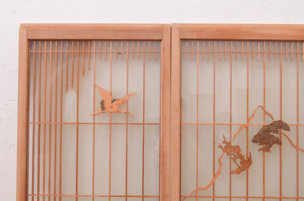 アンティーク建具　両面ガラス　松竹・鶴の彫刻の入った書院戸4枚セット(引き戸、ガラス戸、窓)(R-067796)