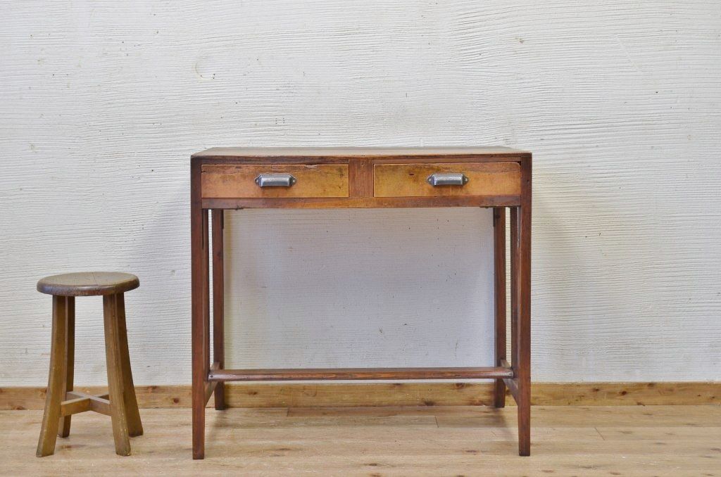 アンティーク家具　古い木味の引き出し付きアンティーク平机(テーブル)