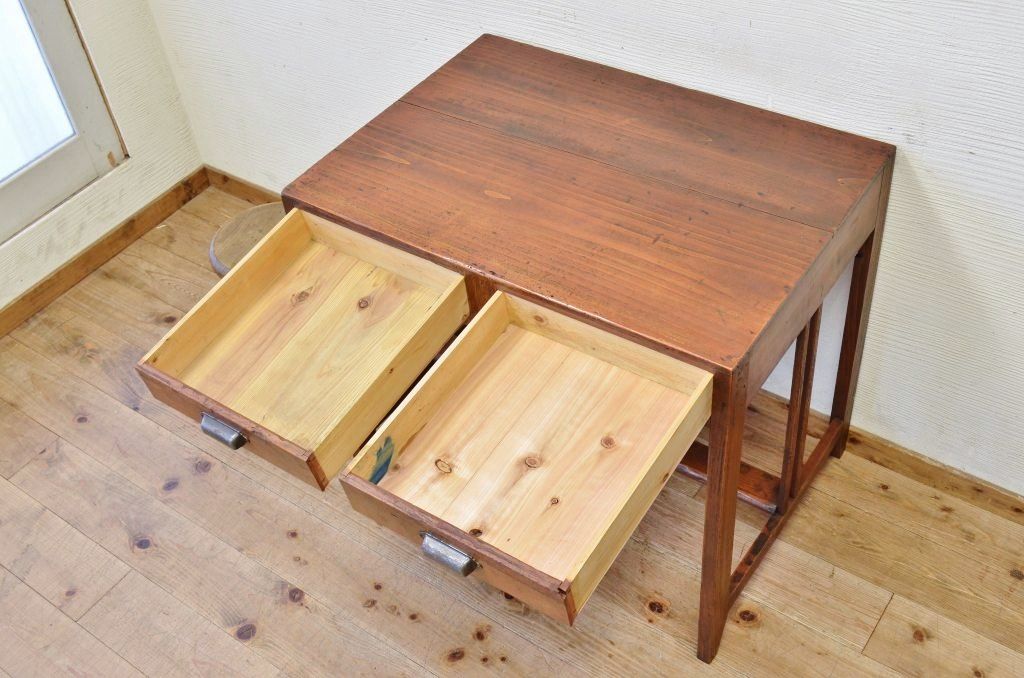 アンティーク家具　古い木味の引き出し付きアンティーク平机(テーブル)