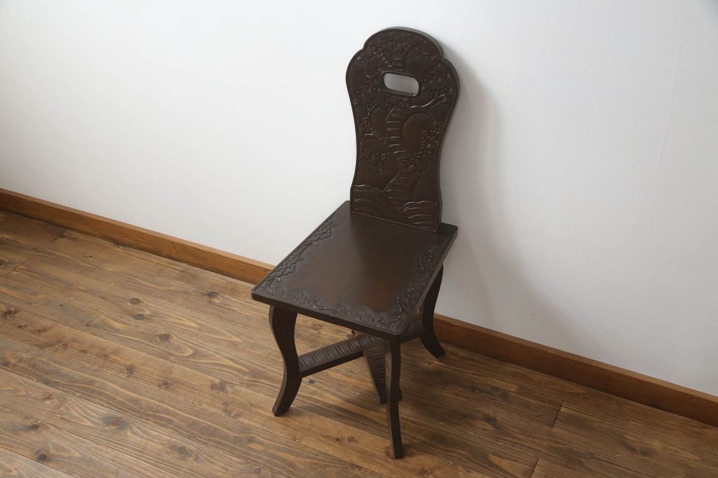 和製ビンテージ　軽井沢彫り　和モダンな佇まいが魅力のダイニングチェア(板座チェア、椅子、イス、ヴィンテージ)(R-071789)