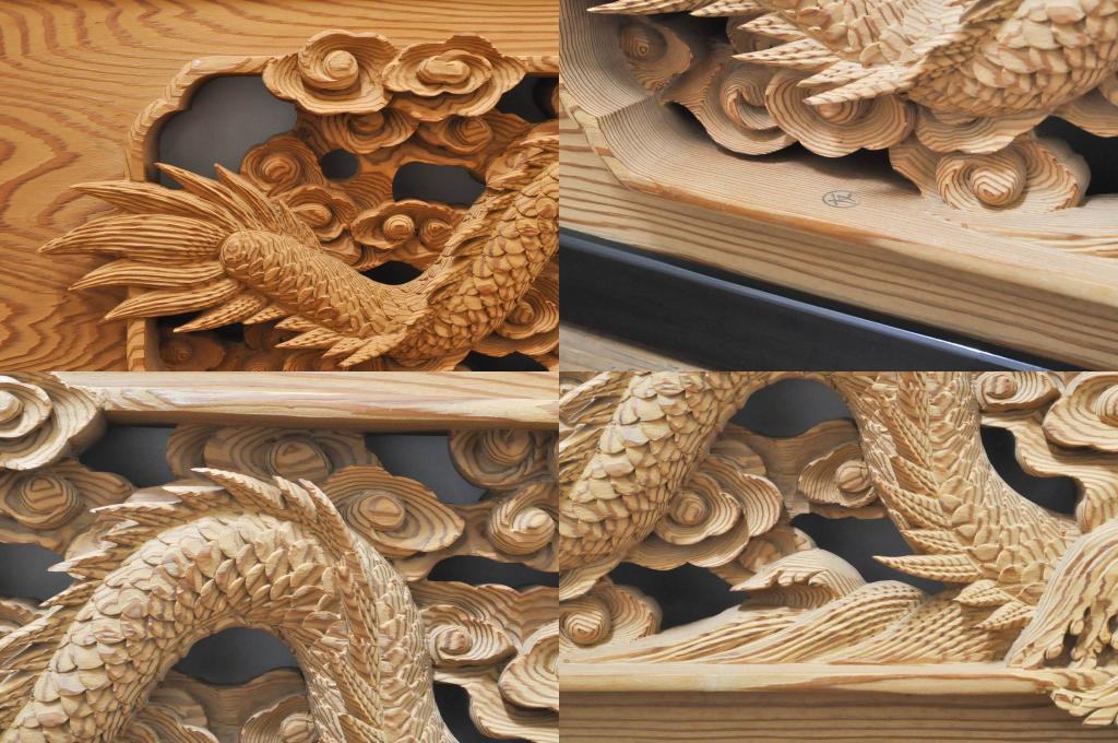 ビンテージ建具　杉(スギ)材　躍動感ある龍(竜)が見事な両面彫刻欄間2枚セット(明かり取り、明り取り、ヴィンテージ)(R-076362)