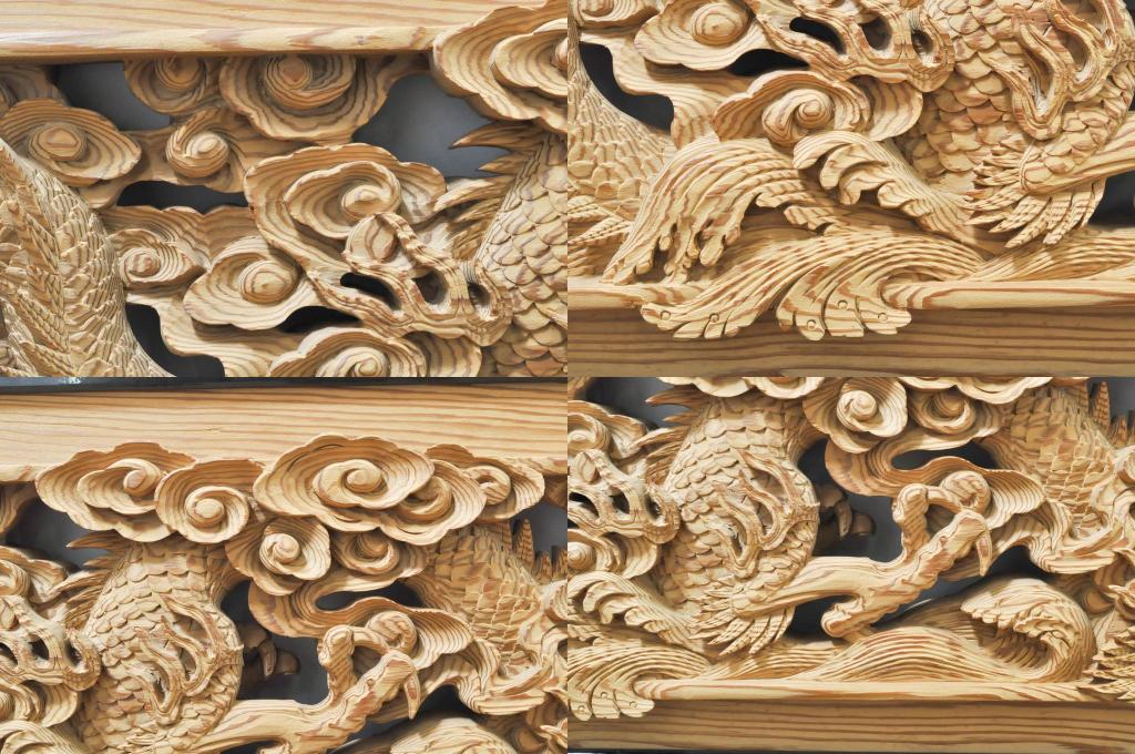 ビンテージ建具　杉(スギ)材　躍動感ある龍(竜)が見事な両面彫刻欄間2枚セット(明かり取り、明り取り、ヴィンテージ)(R-076362)