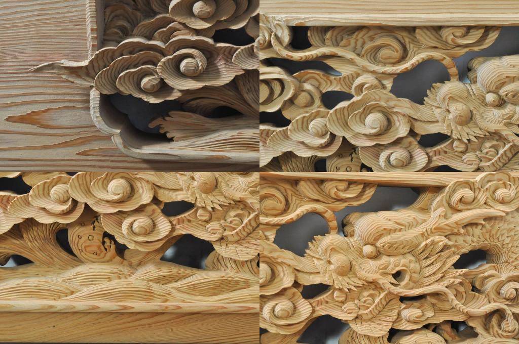 ビンテージ建具　杉(スギ)材　躍動感ある龍(竜)が見事な両面彫刻欄間2枚セット(明かり取り、明り取り、ヴィンテージ)(R-076362)