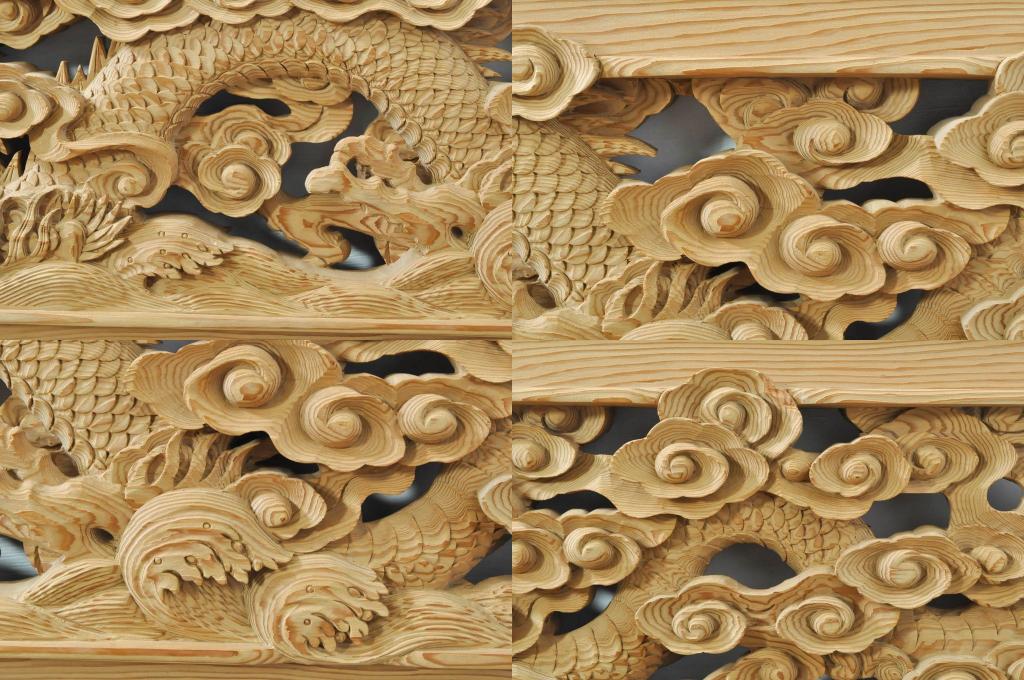 ビンテージ建具　杉(スギ)材　躍動感ある龍(竜)が見事な両面彫刻欄間2枚セット(明かり取り、明り取り、ヴィンテージ)(R-076362)