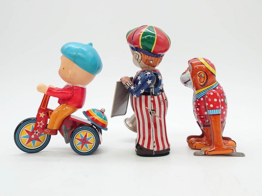NEWS-BOY　三輪車(VELOCIPEDE)　ACROBAT MONKEY　WHISTLING SPACE TOP SET　ジャンピングコマ　かんらん車　Playland Express　のりものあそび　FAIRYLAND TRAIN SET　HIGHWAY SET　ブリキのおもちゃ10点セット(猿、遊園地、観覧車、乗り物、ゼンマイ歩行、フィギュア、人形、玩具、日本製)(R-078506)