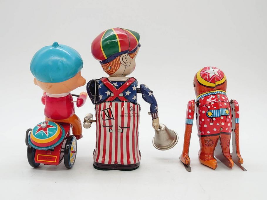 NEWS-BOY　三輪車(VELOCIPEDE)　ACROBAT MONKEY　WHISTLING SPACE TOP SET　ジャンピングコマ　かんらん車　Playland Express　のりものあそび　FAIRYLAND TRAIN SET　HIGHWAY SET　ブリキのおもちゃ10点セット(猿、遊園地、観覧車、乗り物、ゼンマイ歩行、フィギュア、人形、玩具、日本製)(R-078506)