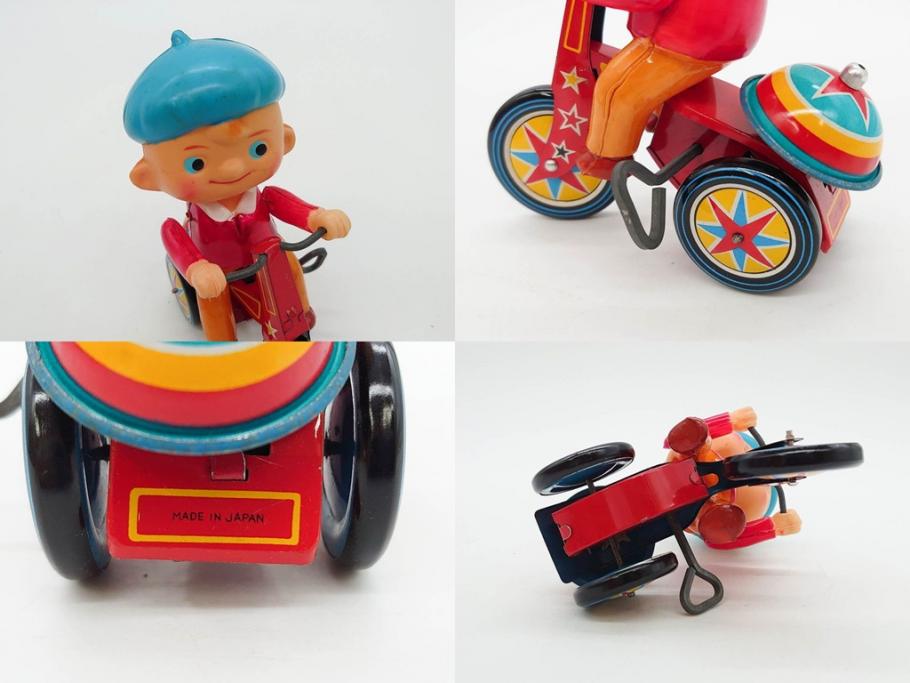 NEWS-BOY　三輪車(VELOCIPEDE)　ACROBAT MONKEY　WHISTLING SPACE TOP SET　ジャンピングコマ　かんらん車　Playland Express　のりものあそび　FAIRYLAND TRAIN SET　HIGHWAY SET　ブリキのおもちゃ10点セット(猿、遊園地、観覧車、乗り物、ゼンマイ歩行、フィギュア、人形、玩具、日本製)(R-078506)