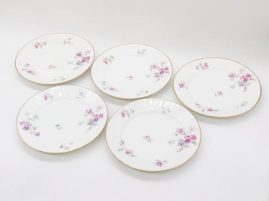 ビンテージ　フランス　PILLIVUYT(ピリヴィッツ)　MEHUN(メアン)　淡い色調で描かれた花のデザインが上品なプレート5枚セット(ピリヴュイ、花柄、フラワー、金彩、磁器、食器、皿、中皿、洋食器、ヴィンテージ)(R-078687)