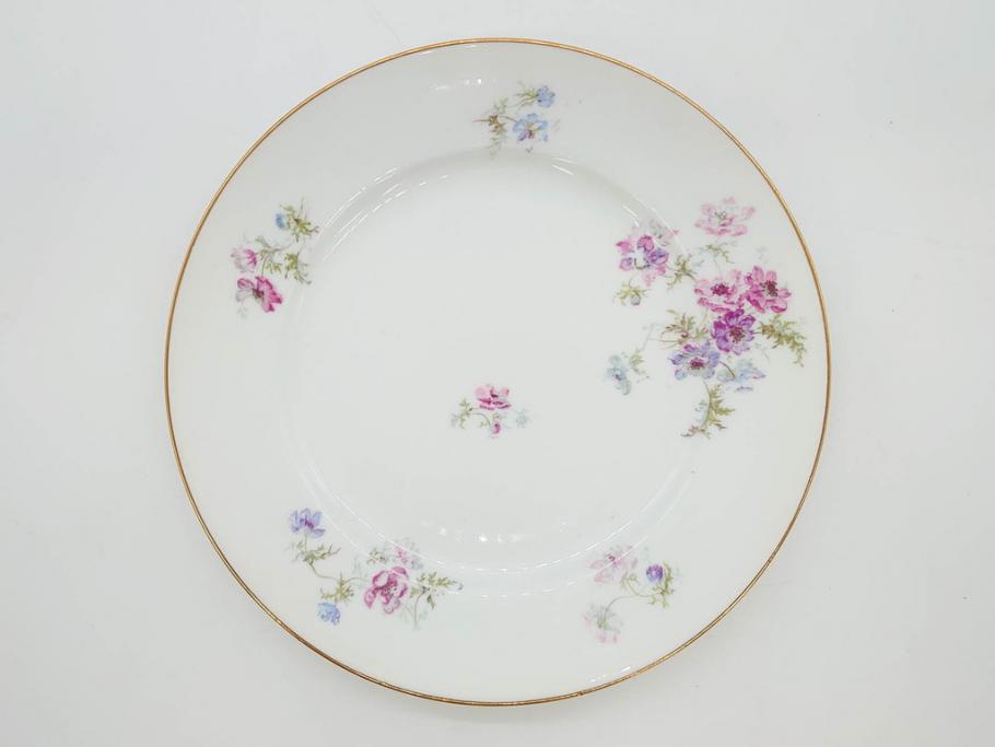 ビンテージ　フランス　PILLIVUYT(ピリヴィッツ)　MEHUN(メアン)　淡い色調で描かれた花のデザインが上品なプレート5枚セット(ピリヴュイ、花柄、フラワー、金彩、磁器、食器、皿、中皿、洋食器、ヴィンテージ)(R-078687)