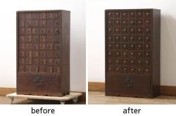 【セミオーダー家具実例】明治期の重ね階段箪笥に高品質リペアを施しました。お品物に合わせて1トーン落ち着いた色味へ着色。取り外し可能な棚板を新材で製作しました。(収納棚、時代箪笥、引き出し)