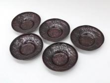 本間琢斎　斑紫銅　山水図　総重量約676g　和の味わいを感じる茶托5枚セット(五客揃、銅器、茶道具、煎茶道具、在銘有)(R-078690)