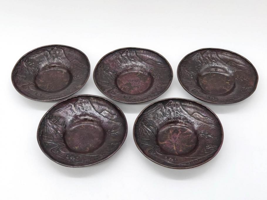 本間琢斎　斑紫銅　山水図　総重量約676g　和の味わいを感じる茶托5枚セット(五客揃、銅器、茶道具、煎茶道具、在銘有)(R-078690)