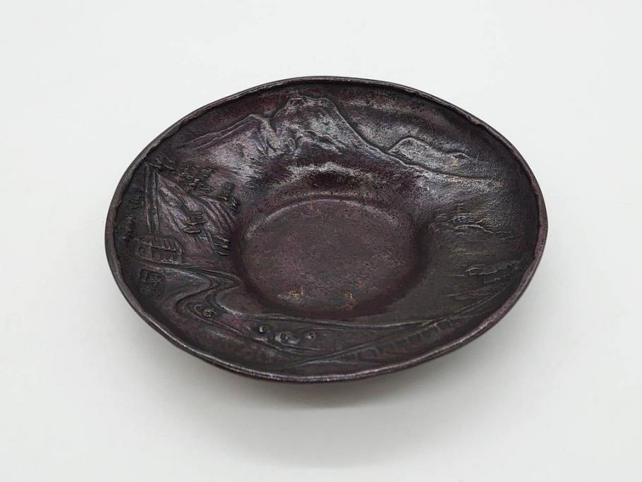 本間琢斎　斑紫銅　山水図　総重量約676g　和の味わいを感じる茶托5枚セット(五客揃、銅器、茶道具、煎茶道具、在銘有)(R-078690)