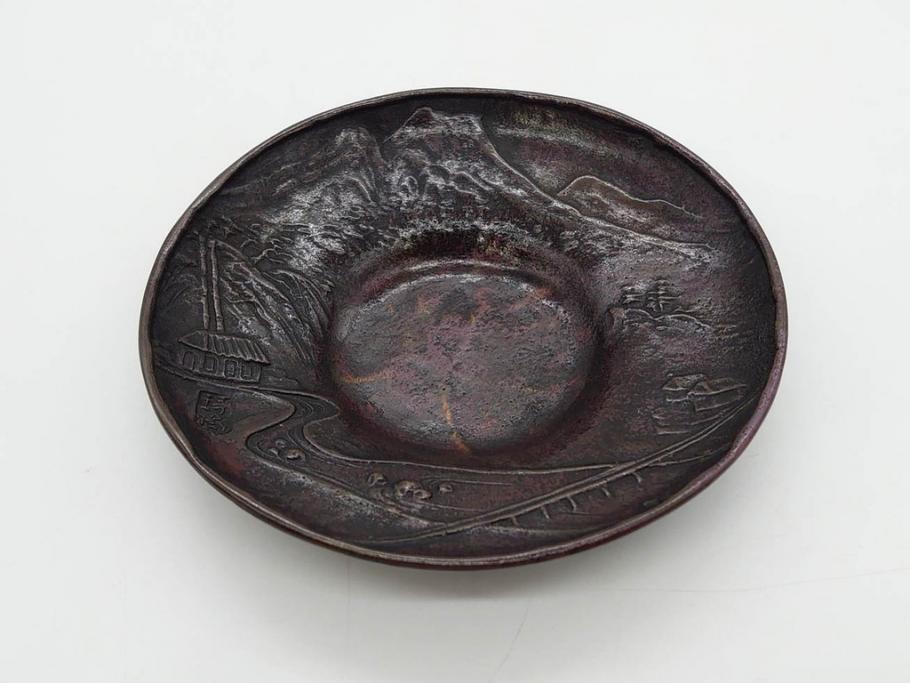 本間琢斎　斑紫銅　山水図　総重量約676g　和の味わいを感じる茶托5枚セット(五客揃、銅器、茶道具、煎茶道具、在銘有)(R-078690)