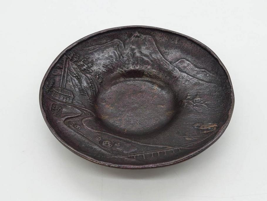 本間琢斎　斑紫銅　山水図　総重量約676g　和の味わいを感じる茶托5枚セット(五客揃、銅器、茶道具、煎茶道具、在銘有)(R-078690)