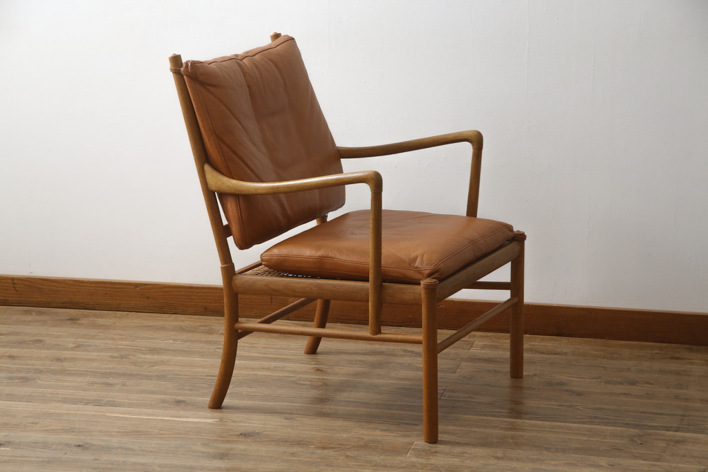 デンマークビンテージ　P.Jeppesen Mobelfabrik 　PJ Furniture(P.J.ファニチャー社)　Ole Wanscher(オーレ・ヴァンシャー) 　本革(レザー)　PJ149 Colonial Chair(コロニアルチェア)　ミッドセンチュリースタイルの空間づくりにおすすめのアームチェア(イージーチェア、1人掛けソファ、ヴィンテージ、北欧)(R-077899)