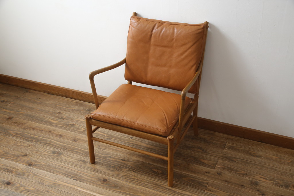 デンマークビンテージ　P.Jeppesen Mobelfabrik 　PJ Furniture(P.J.ファニチャー社)　Ole Wanscher(オーレ・ヴァンシャー) 　本革(レザー)　PJ149 Colonial Chair(コロニアルチェア)　ミッドセンチュリースタイルの空間づくりにおすすめのアームチェア(イージーチェア、1人掛けソファ、ヴィンテージ、北欧)(R-077899)