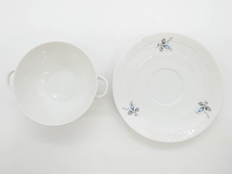 ドイツ　HUTSCHENREUTHER(フッチェンロイター)　ローズ　柔らかな色彩で描かれたバラのデザインが可愛らしいスープカップ&ソーサー6客セット(バラ、薔薇、ブルーローズ、ダブルハンドル、皿、プレート、洋食器)(R-078693)