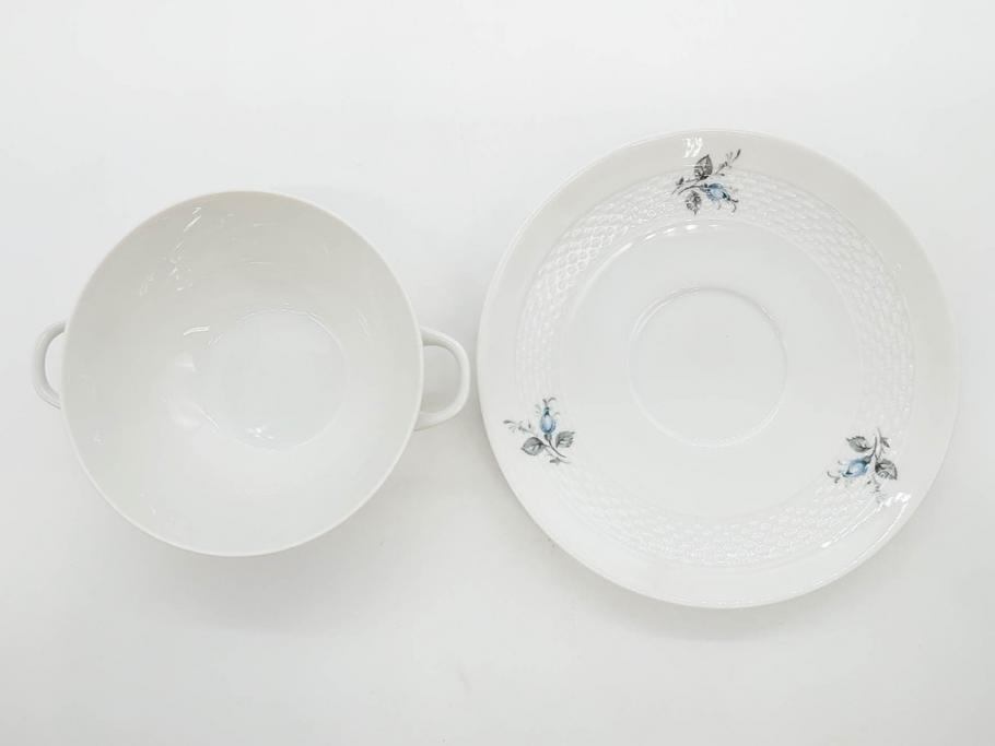 ドイツ　HUTSCHENREUTHER(フッチェンロイター)　ローズ　柔らかな色彩で描かれたバラのデザインが可愛らしいスープカップ&ソーサー6客セット(バラ、薔薇、ブルーローズ、ダブルハンドル、皿、プレート、洋食器)(R-078693)