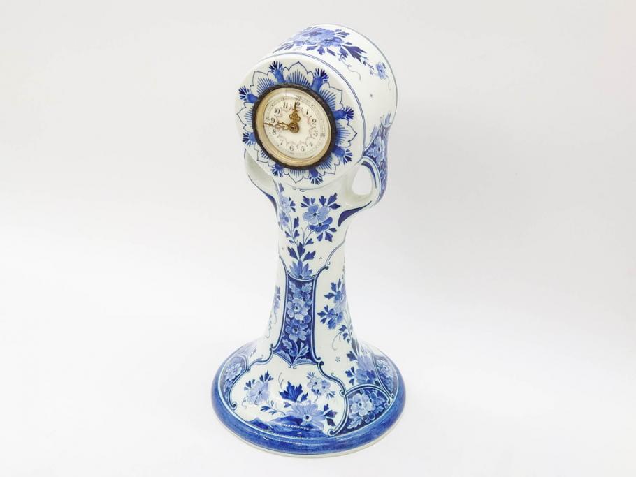 ジャンク品　ビンテージ　オランダ　DELFT(デルフト)　ブルーハンドペイント　細かな染付に匠の技が光る置時計(風車、花、フラワー、草花、風景、ヴィンテージ、陶器)(R-078694)