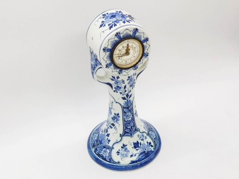 ジャンク品　ビンテージ　オランダ　DELFT(デルフト)　ブルーハンドペイント　細かな染付に匠の技が光る置時計(風車、花、フラワー、草花、風景、ヴィンテージ、陶器)(R-078694)