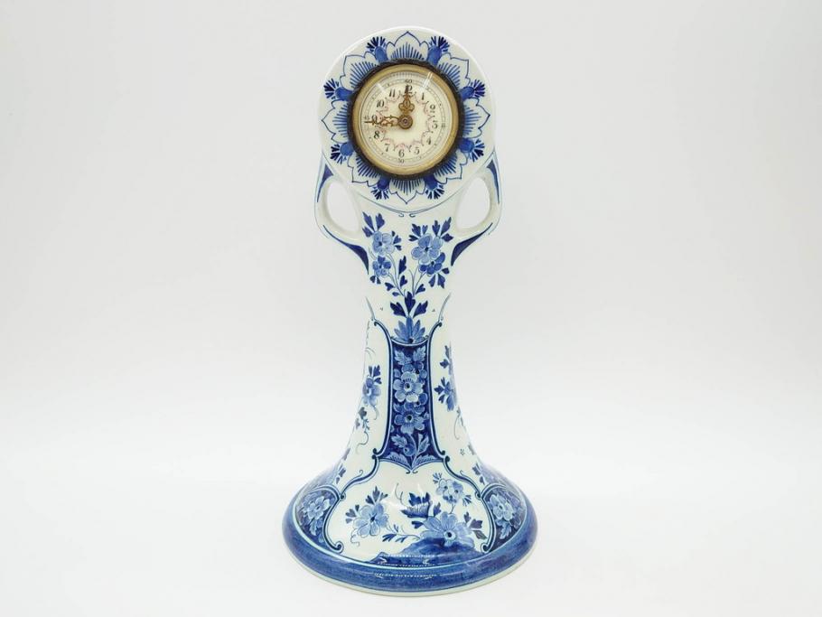 ジャンク品　ビンテージ　オランダ　DELFT(デルフト)　ブルーハンドペイント　細かな染付に匠の技が光る置時計(風車、花、フラワー、草花、風景、ヴィンテージ、陶器)(R-078694)