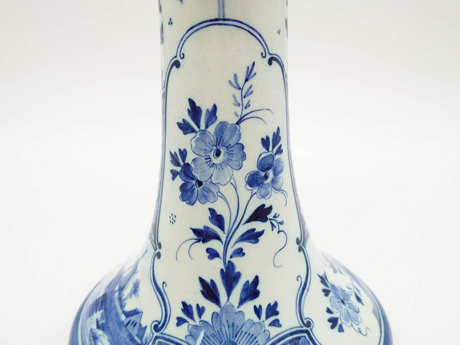 ジャンク品　ビンテージ　オランダ　DELFT(デルフト)　ブルーハンドペイント　細かな染付に匠の技が光る置時計(風車、花、フラワー、草花、風景、ヴィンテージ、陶器)(R-078694)