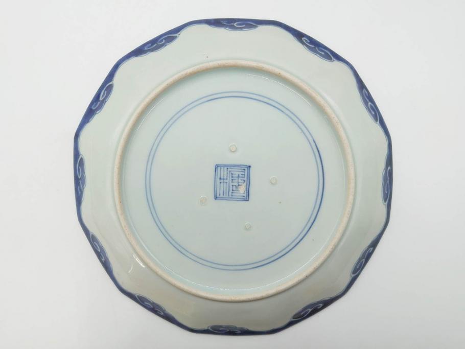 江戸期　上手物　古伊万里　染付　約21cm　6.9寸　職人による丁寧な絵付けに魅了される十二角皿2枚セット(和食器、和皿、中皿、変形皿、鳥、六寸九分)(R-071808)