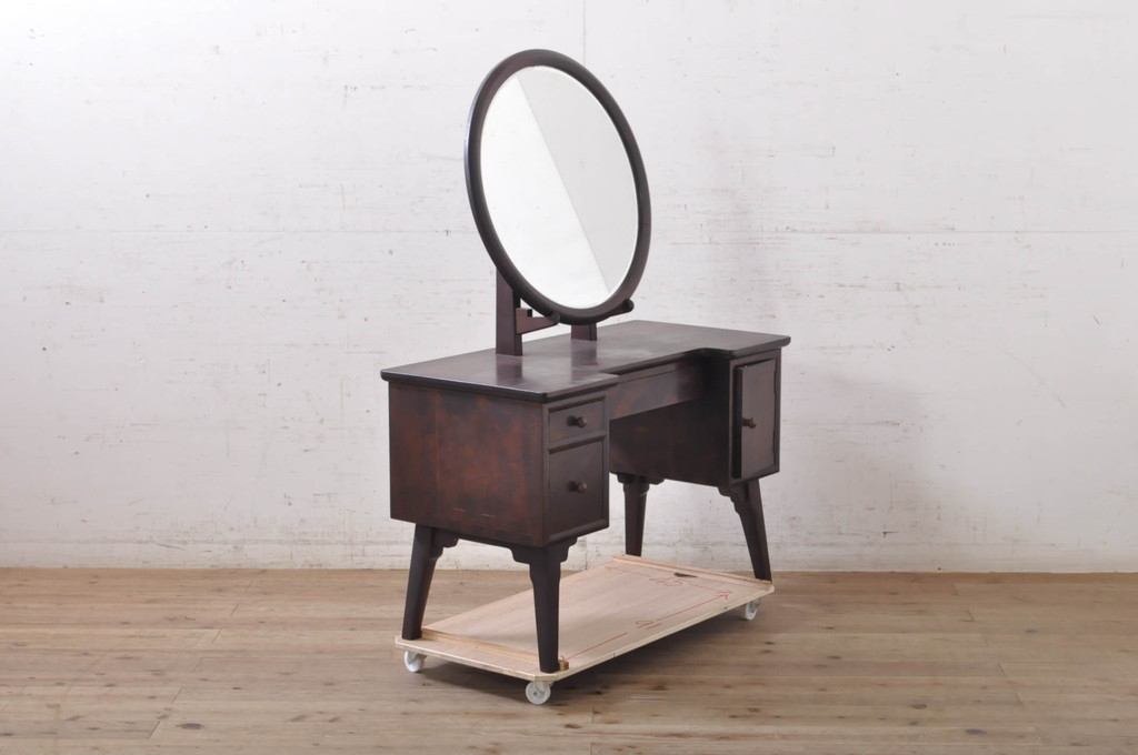 中古　松本民芸家具　丸型一面鏡　西洋アンティークのようなデザインが魅力的なドレッサー(鏡台、ミラー、化粧台)(R-068814)