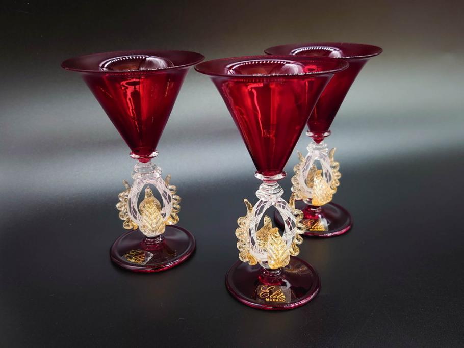 イタリア　ムラノガラス　ベネチアンガラス　金彩　凝ったデザインが優美な印象を与えるカクテルグラス3客セット(ヴェネチアングラス、MURANO、ムラーノガラス、作家物)(R-071817)