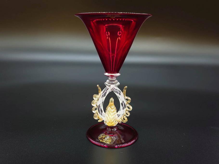 イタリア　ムラノガラス　ベネチアンガラス　金彩　凝ったデザインが優美な印象を与えるカクテルグラス3客セット(ヴェネチアングラス、MURANO、ムラーノガラス、作家物)(R-071817)