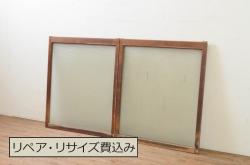 アンティーク建具　漆枠　松と鶴　杢目の美しい両面彫刻欄間2枚セット(明り取り、明かり取り、ランマ)(R-078749)