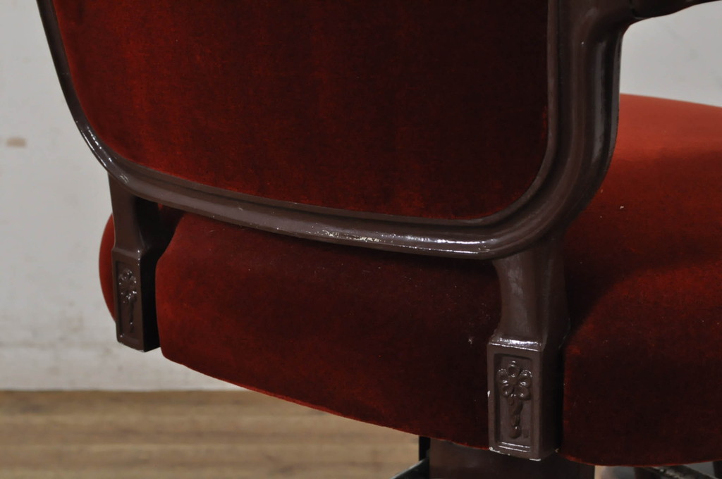 和製アンティーク　希少!!　昭和レトロな雰囲気漂う金属フレームのバーバーチェア(回転チェア、アームチェア、椅子、イス)(R-069830)