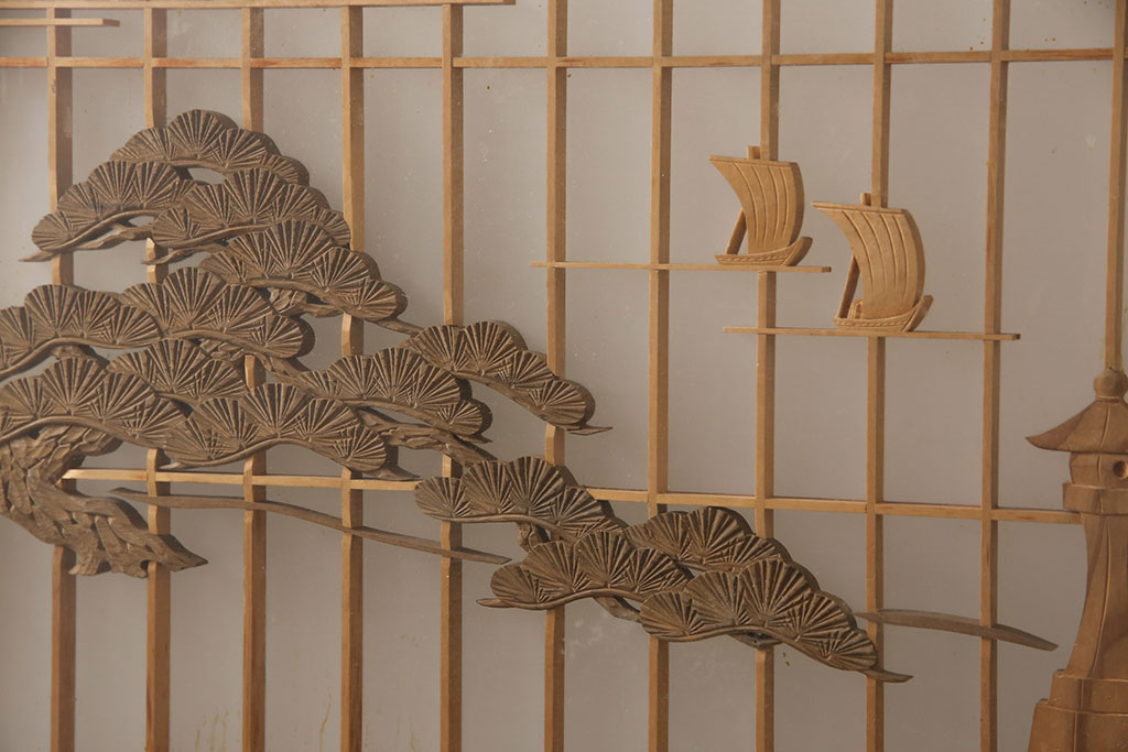 和製アンティーク　雅やかな意匠が魅力的な彫刻入りガラス帯戸4枚セット(引き戸、建具)(R-054243)