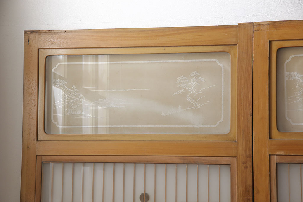 和製アンティーク　雅やかな意匠が魅力的な彫刻入りガラス帯戸4枚セット(引き戸、建具)(R-054243)