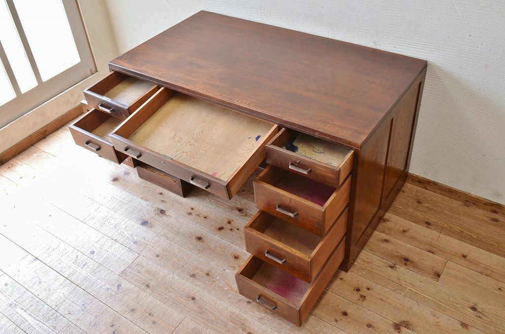 極上美品!古いナラ材のアンティーク両袖机(テーブル)