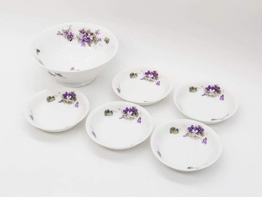 オールドノリタケ　NORITAKE　ヤジロベー印　可憐なスミレのデザインが可愛らしいボウル&プレート5枚セット(日本陶器會社、菫、花、フラワー、皿、深皿、中皿、なます皿、どんぶり、洋食器)(R-078514)