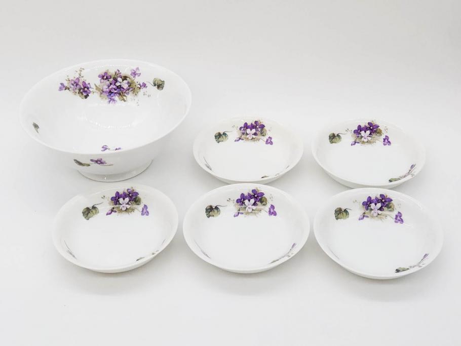 オールドノリタケ　NORITAKE　ヤジロベー印　可憐なスミレのデザインが可愛らしいボウル&プレート5枚セット(日本陶器會社、菫、花、フラワー、皿、深皿、中皿、なます皿、どんぶり、洋食器)(R-078514)