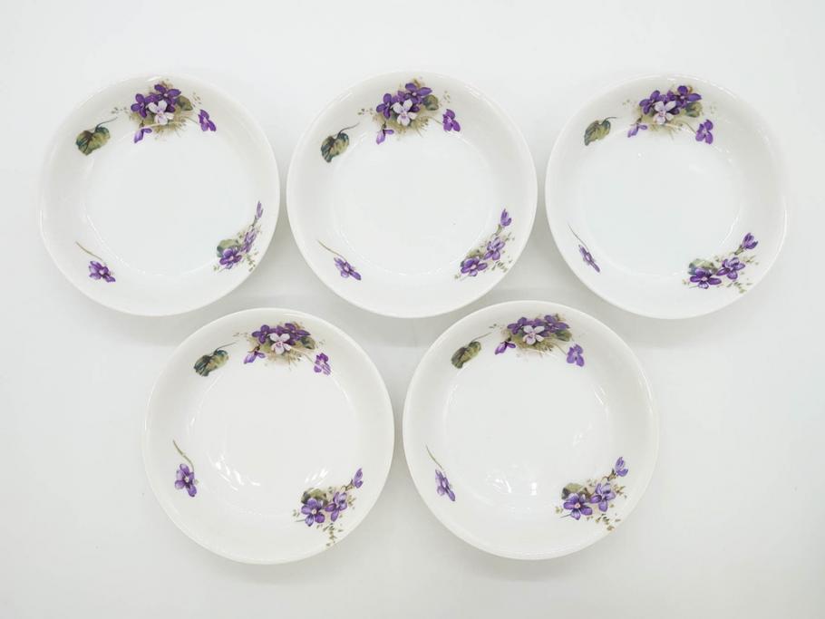 オールドノリタケ　NORITAKE　ヤジロベー印　可憐なスミレのデザインが可愛らしいボウル&プレート5枚セット(日本陶器會社、菫、花、フラワー、皿、深皿、中皿、なます皿、どんぶり、洋食器)(R-078514)