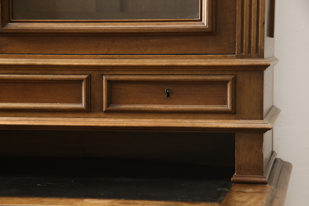 イギリスアンティーク　高級品　上手物!　マホガニー材・内部オーク材　クラシカルな雰囲気ただようブックケース付きデスク(テーブル、キャビネット、戸棚、収納棚、ワークデスク)(R-059417)