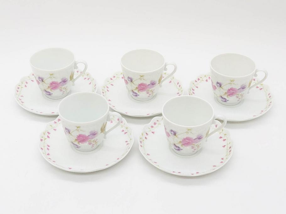 ビンテージ　フランス　LIMOGES　リモージュ　GIRAUD(ジロー)　淡い色彩で描かれた花のデザインが可愛らしいカップ&ソーサー5客セット(C&S、ヴィンテージ、花柄、フラワー、磁器、洋食器)(R-078517)