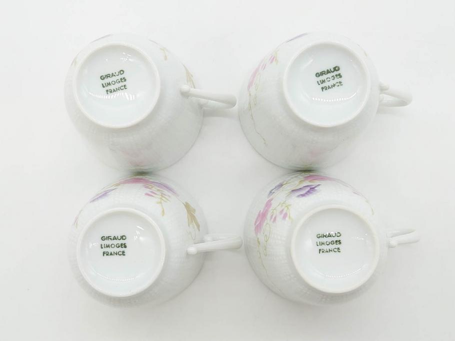 ビンテージ　フランス　LIMOGES　リモージュ　GIRAUD(ジロー)　淡い色彩で描かれた花のデザインが可愛らしいカップ&ソーサー5客セット(C&S、ヴィンテージ、花柄、フラワー、磁器、洋食器)(R-078517)