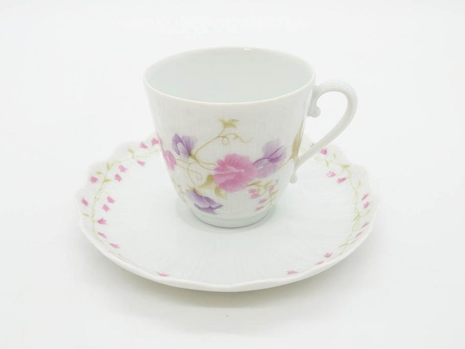 ビンテージ　フランス　LIMOGES　リモージュ　GIRAUD(ジロー)　淡い色彩で描かれた花のデザインが可愛らしいカップ&ソーサー5客セット(C&S、ヴィンテージ、花柄、フラワー、磁器、洋食器)(R-078517)